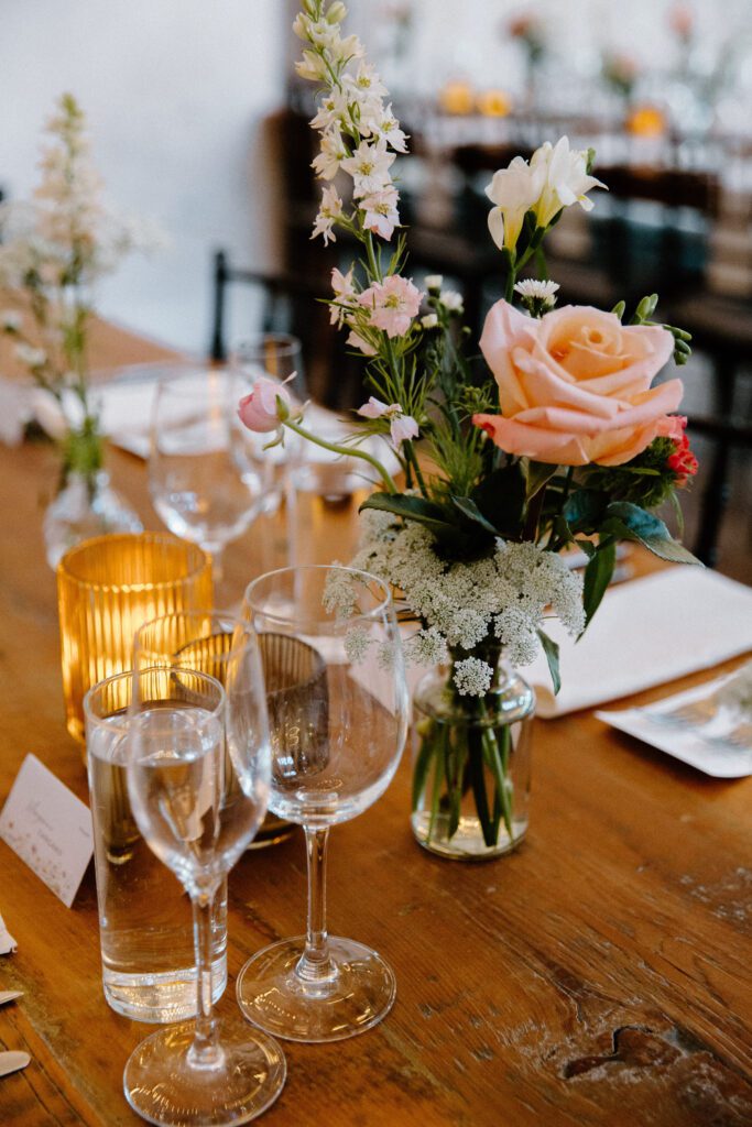 colorful garden wedding reception with floral decor