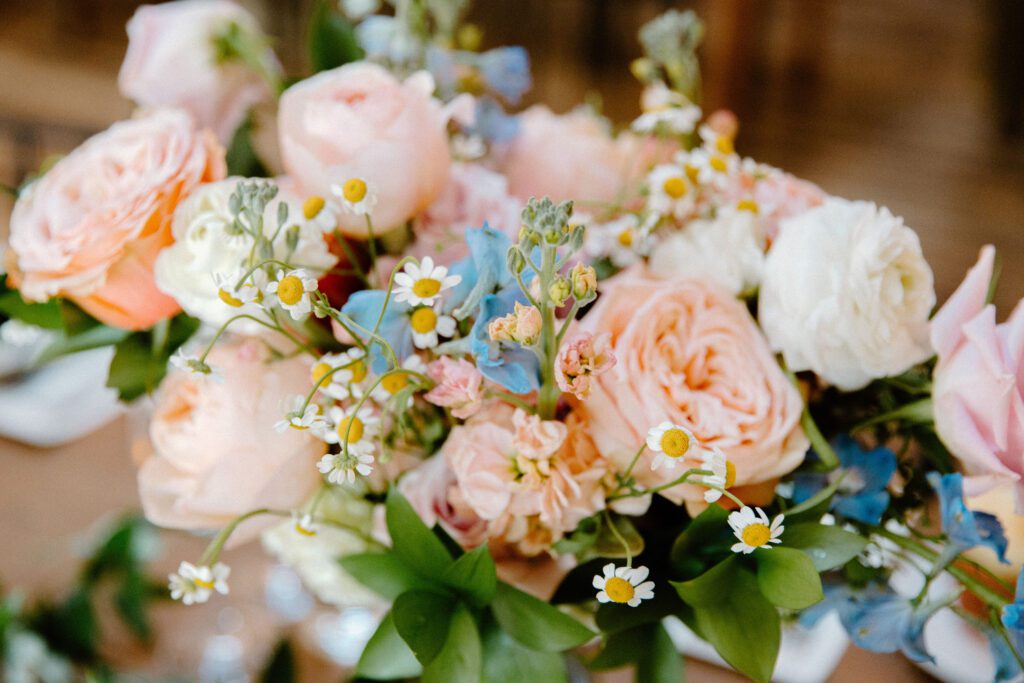 colorful garden wedding reception with floral decor