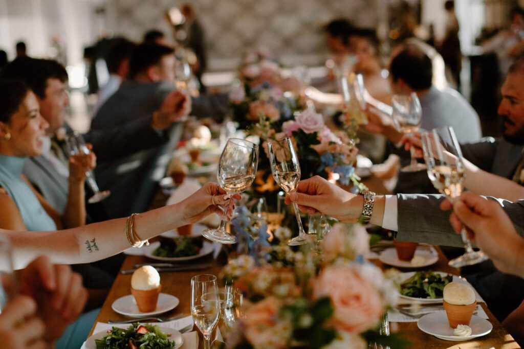 colorful garden wedding reception with floral decor